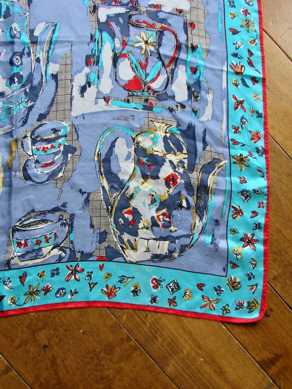 Vintage Perry Ellis 100% Silk Scarf Hand Rolled Japan Teapots Teacups Floral - Picture 6 of 15